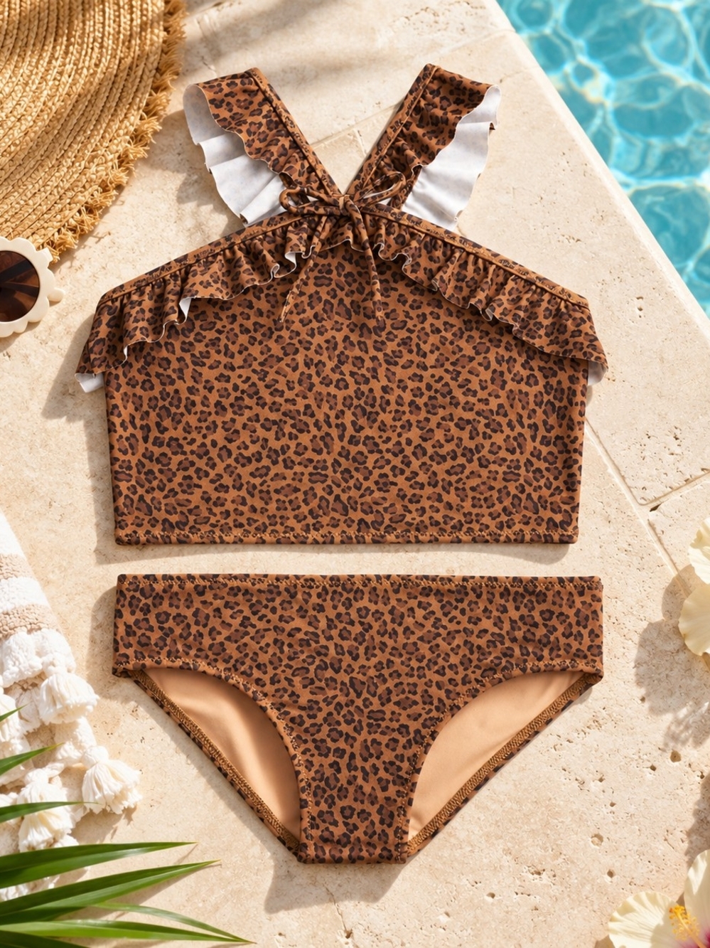 J.Crew Crewcuts Girls Leopard Ruffle Halter 2 Piece Swimsuit Size 10 NWT